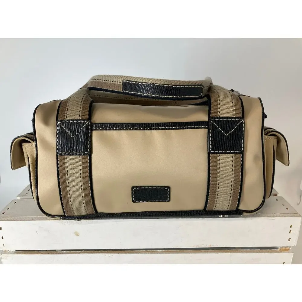 MICHAEL KORS SATIN, CANVAS STRIPED BLINGED MAKEUP DUFFLE BAG